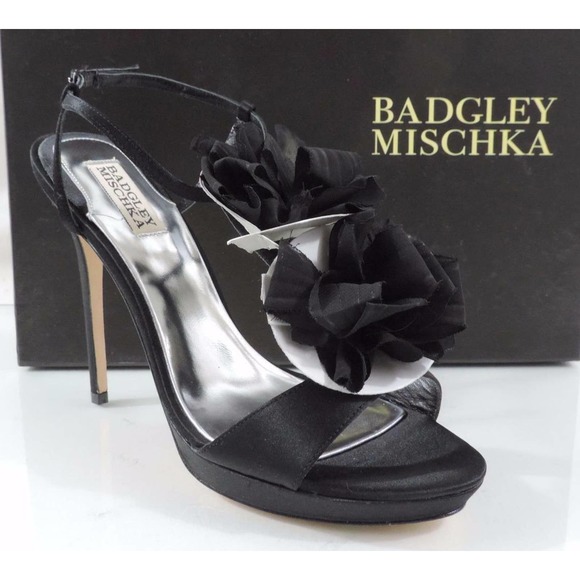 Badgley Mischka Shoes - Women's Badgley Mischka ADELE Platform Evening Sandals Heel Black Satin Size 9.5